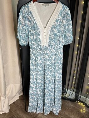Ice White and Blue Paisley Maxi Dress with V-Neck Crochet Trim